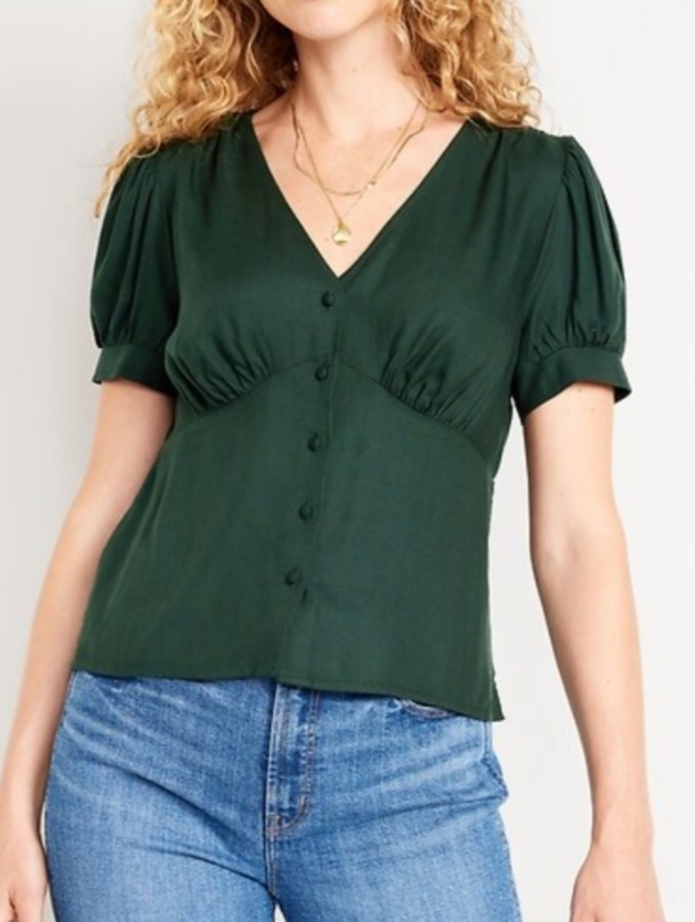 Women's Dark Green Button-Front V-Neck Top